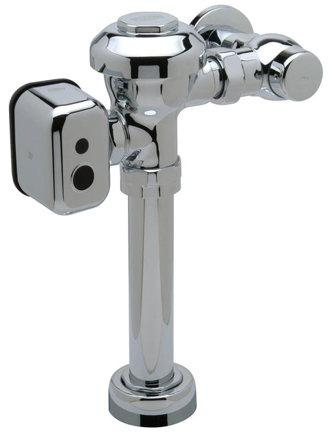 Heavy Duty Exposed Hardwired Sensor Flush Valve With No Hassle Wiring And Tough As Nails Diaphragm For Commercial Restrooms And 1 28 Gallons Per Flush Chrome close-up angle view.
