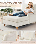 Woman relaxing on Chaise Lounge Chair With Adjustable Backrest Modern Cozy Chenille Upholstery Sleeper Bed With Rolled Arm