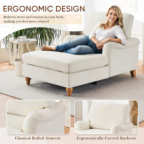 Woman relaxing on Chaise Lounge Chair With Adjustable Backrest Modern Cozy Chenille Upholstery Sleeper Bed With Rolled Arm