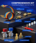 Four Way AC Diagnostic Manifold Gauge Kit With Five Foot Hoses For R134A R410A R22 Complete Gauge Set Includes Color Coded Hoses Quick Couplers Adapters And Puncture Style Can Tap For Easy Refrigerant Service, 5ft hoses and fittings