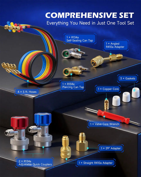 Four Way AC Diagnostic Manifold Gauge Kit With Five Foot Hoses For R134A R410A R22 Complete Gauge Set Includes Color Coded Hoses Quick Couplers Adapters And Puncture Style Can Tap For Easy Refrigerant Service, 5ft hoses and fittings