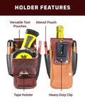 Front and back view of Clip-On 4 in 1 Tool Tape Holder with 4x capacity, holding tape and tools, heavy-duty steel clip fits 2 inch belts.