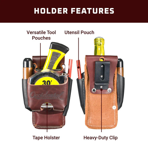 Front and back view of Clip-On 4 in 1 Tool Tape Holder with 4x capacity, holding tape and tools, heavy-duty steel clip fits 2 inch belts.