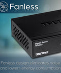 Close-up of Gigabit Desktop Switch With Five RJ45 Ports For Fast Home Or Office Network, Plug And Play Ethernet Splitter, Silent Fanless Metal Enclosure.