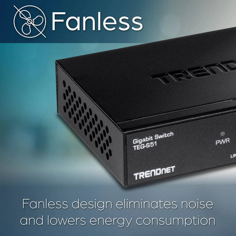 Close-up of Gigabit Desktop Switch With Five RJ45 Ports For Fast Home Or Office Network, Plug And Play Ethernet Splitter, Silent Fanless Metal Enclosure.