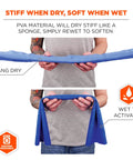 Person holding Cooling Towel 6602, blue PVA material, showing hang dry and wet use features. Size 29.5 x 13 inches.