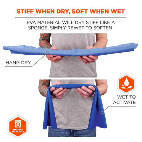 Person holding Cooling Towel 6602, blue PVA material, showing hang dry and wet use features. Size 29.5 x 13 inches.