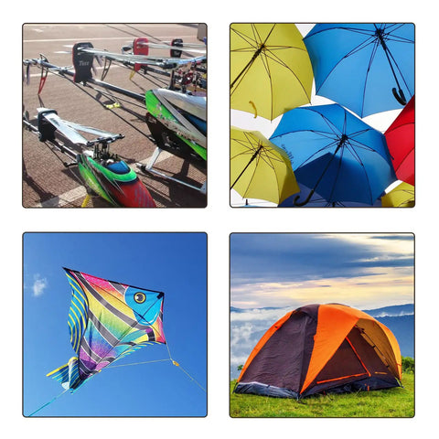 Collage showing carbon fiber rods used in RC planes, umbrellas, kites, and tents showcasing versatility.