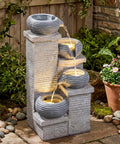 4-Tier Outdoor Water Fountain with Cascading Bowls, 23 Inch Tall, Warm LED Lights, and Submersible Pump for Patio Garden Balcony Yard