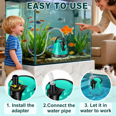 Child observing Submersible Pool Sump Pump With Adjustable Flow 950GPH Capacity in fish tank; installation steps shown.