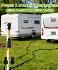 Heavy Duty 50 Amp NEMA 14-50 Y Splitter Adapter connecting two RVs at a campsite with charging cables.