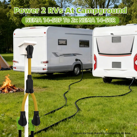 Heavy Duty 50 Amp NEMA 14-50 Y Splitter Adapter connecting two RVs at a campsite with charging cables.