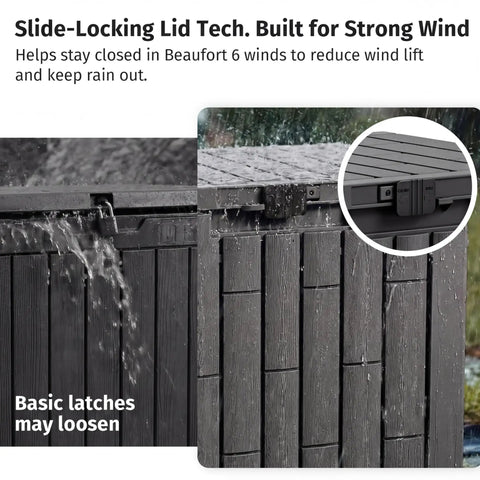 Slide-locking lid of 31 Gallon Outdoor Storage Box Waterproof UV Resistant Resin Bin For Patio Cushions Garden Tools Pool Accessories