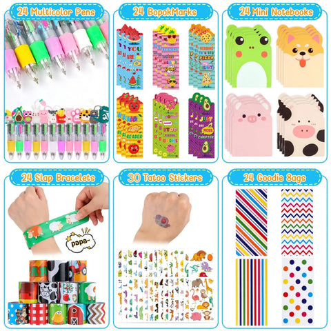 All In One Stationery Party Pack For Kids With 24 Goodie Bags Mini Notebooks Multicolor Pens Slap Bracelets Motivational Bookmarks Tattoos Classroom Gifts Class Rewards And Prizes