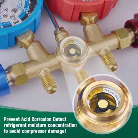 HVAC Manifold Gauge Set With Brass Body And Explosion Proof Lens, 3ft Hoses And R410A Adapters in close-up view
