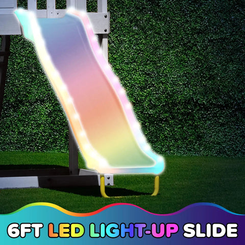 Cedar Wood Swing Set With Nighttime LED Swings And Slide, 6 Ft LED Slide glowing at night, backyard setting