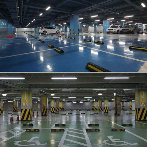 Two parking garages illuminated by 2Ft LED Tube Lights 8W Replacement For Fluorescent 6000K Cool White Ballast Bypass Pack Of 4