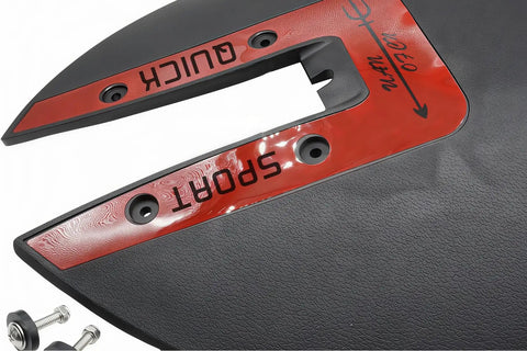 Close-up of Whale Tail Hydrofoil Stabilizer for Outboards and Sterndrives, fits 40 to 300 HP, with red accents and mounting holes.
