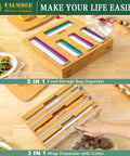 9 In 1 Bamboo Kitchen Drawer Organizer With Built In Plastic Wrap And Aluminum Foil Dispenser And Cutter, Baggie Organizer
