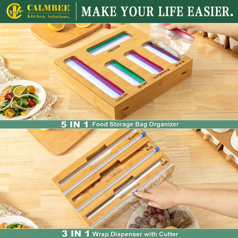 9 In 1 Bamboo Kitchen Drawer Organizer With Built In Plastic Wrap And Aluminum Foil Dispenser And Cutter, Baggie Organizer