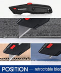 Premium Utility Knife, Retractable All Metal Heavy Duty Box Cutter With Quick Change Blade cutting carpet, cardboard, and leather