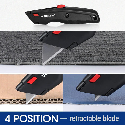 Premium Utility Knife, Retractable All Metal Heavy Duty Box Cutter With Quick Change Blade cutting carpet, cardboard, and leather