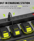 Power Tool Organizer Wall Mount With Charging Station And 6-Outlet Power Strip, 3-Tier Garage Shelf Black, Keeps Tools Charged And Ready To Roll In Your Busy Workshop, close-up of 6-outlet strip