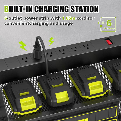 Power Tool Organizer Wall Mount With Charging Station And 6-Outlet Power Strip, 3-Tier Garage Shelf Black, Keeps Tools Charged And Ready To Roll In Your Busy Workshop, close-up of 6-outlet strip