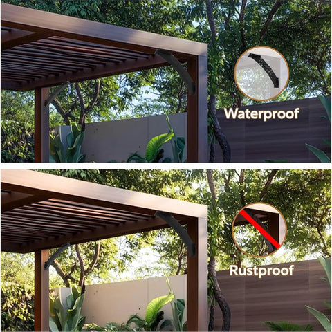 Set Of Eight Tough As Nails 45 Degree Angle Support Brackets For Wood Post And Beam Builds Welded Carbon Steel With Outdoor Ready Finish Hangs Steady On Decks Gazebos And Cabin Frames shown on a pergola.