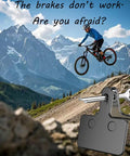 Cyclist jumping on mountain bike with dope disc brake pads with installation tool for TRP Tektro Shimano in foreground.