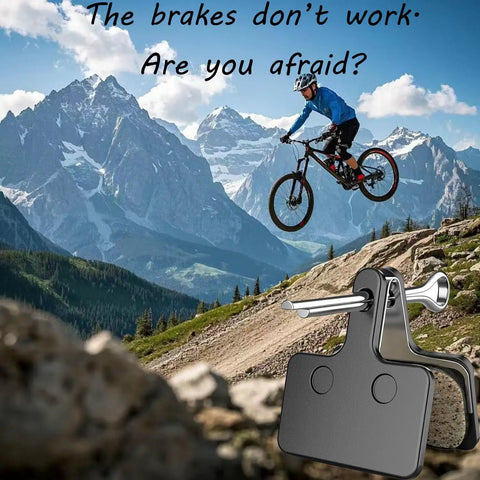 Cyclist jumping on mountain bike with dope disc brake pads with installation tool for TRP Tektro Shimano in foreground.