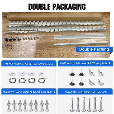Two Sets 45 Inch Adjustable Tilt Solar Panel Mount Brackets components and hardware package with screws and washers