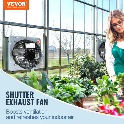 Powerhouse 16 Inch Shutter Exhaust Fan With AC Motor Delivers 2000 CFM installed in greenhouse for ventilation and cooling