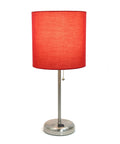 Sleek Brushed Steel Table Lamp With Built-In Charging Outlet featuring a red slim drum shade, ideal for modern home and living spaces.