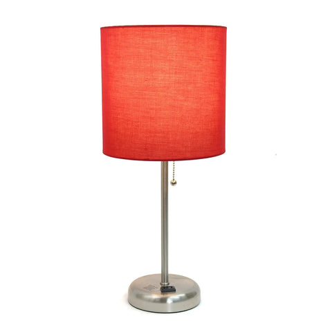 Sleek Brushed Steel Table Lamp With Built-In Charging Outlet featuring a red slim drum shade, ideal for modern home and living spaces.