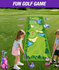 Kids playing with Toddler Golf Set For Kids Ages 2 To 5 with 4 plastic clubs, 8 balls, pink putting mat, golf cart toy, outdoor