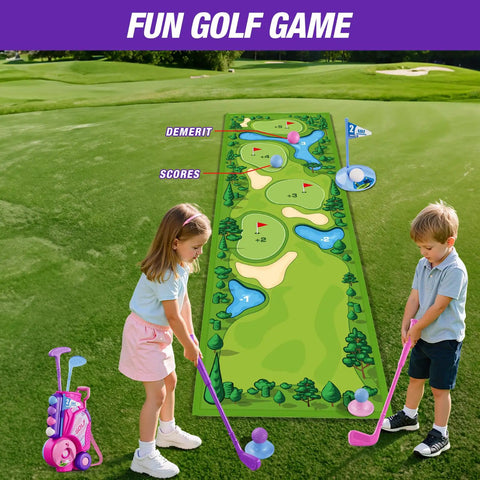 Kids playing with Toddler Golf Set For Kids Ages 2 To 5 with 4 plastic clubs, 8 balls, pink putting mat, golf cart toy, outdoor