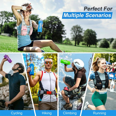People using Soft TPU Water Bottle 480ml BPA Free Collapsible Leak Proof Hydration Flask for Running Vests Marathon Hiking and Cycling