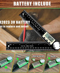 Super Solid Two In One Digital Angle Finder Protractor And Miter Saw Gauge displaying measurements and battery replacement options.