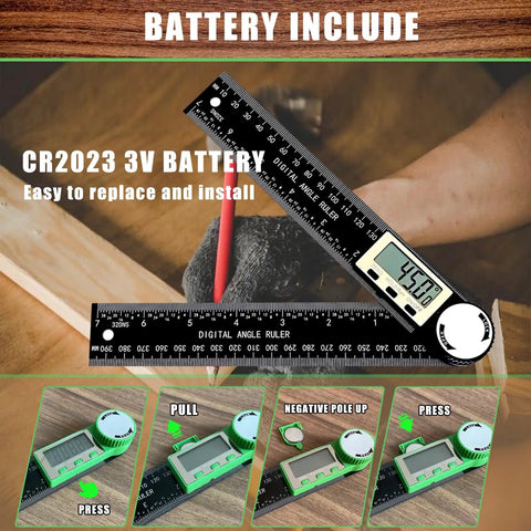 Super Solid Two In One Digital Angle Finder Protractor And Miter Saw Gauge displaying measurements and battery replacement options.