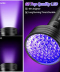 Automotive UV dye leak detector flashlight kit Realhunlee, 68 LEDs, purple glow (close-up)