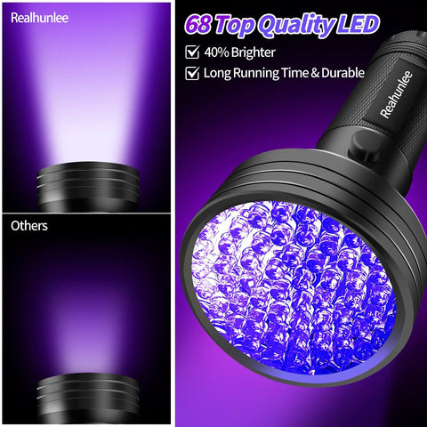Automotive UV dye leak detector flashlight kit Realhunlee, 68 LEDs, purple glow (close-up)