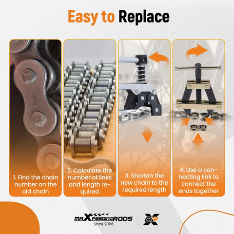 Instructions with images for using Roller Chain Tools Kit For 60 To 100 Chains to adjust chain links on motorcycles and bicycles.