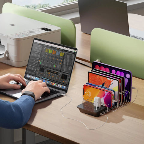 Ultimate Desk Charging Station With 200W Total Power, 8-port hub charging multiple devices on an organized desk.