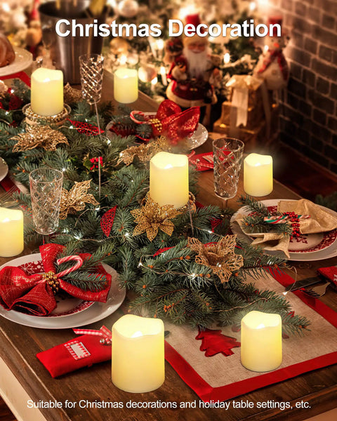 Flameless Votive Candles 12 Pack Battery Operated LED Tea Lights With Warm White Flicker on decorated Christmas table.