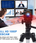Team using 1080P USB Webcam with 2.8-12mm varifocal lens for video conference and streaming, Full HD display in background.