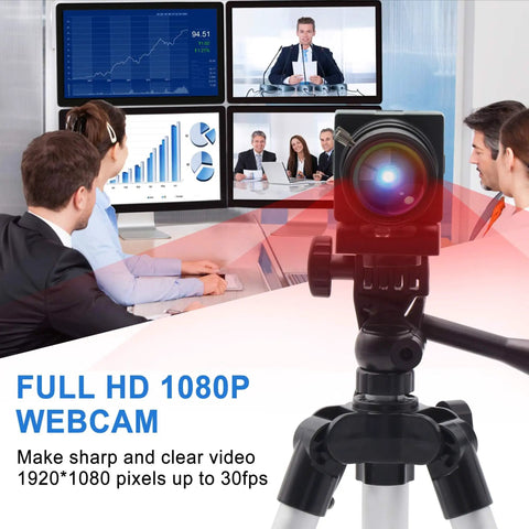 Team using 1080P USB Webcam with 2.8-12mm varifocal lens for video conference and streaming, Full HD display in background.