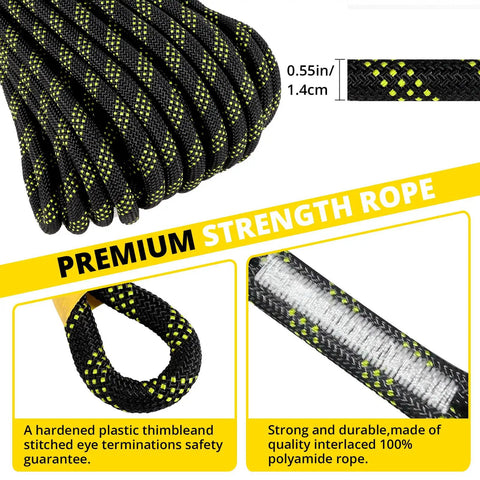 Close-up of 50 ft braided rope with 0.55 in diameter, part of Rope Harness Safety Lanyard for Roof and Tree Climbing, Fall Protection Kit.