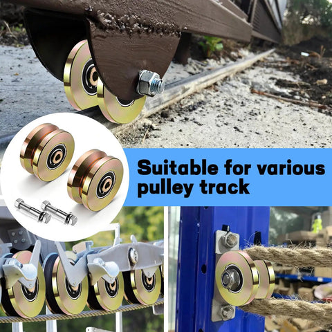 2 Pack 4 Inch Heavy Duty Sliding Gate Rollers With V Groove Track Design Double Sealed Bearings 3300 Lb Capacity for various pulley tracks.