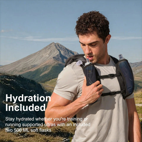 Man wearing Lightweight Hydration Backpack For Runners With 12L Capacity, Breathable Mesh Back Panel, Two 500ml Soft Flasks in mountains